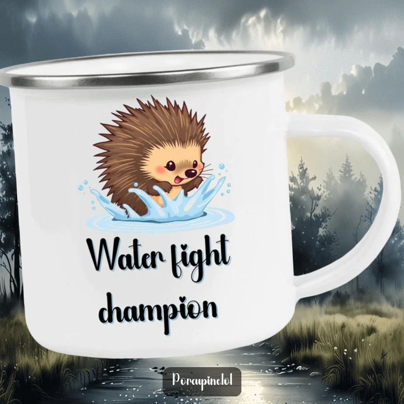 Funny dodging porcupine camping mug featuring a porcupine playfully dodging a water splash, perfect for outdoor adventures and dry sipping.