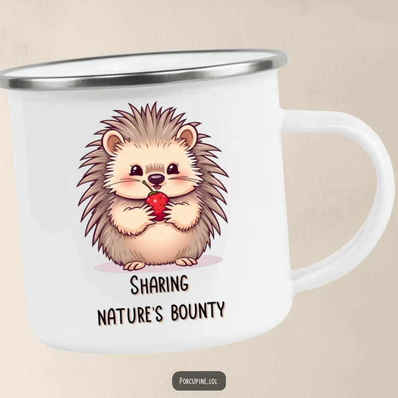 Funny Camping Mug with a porcupine carefully offering a single berry, ready for outdoor moments and sharing a warm gesture.