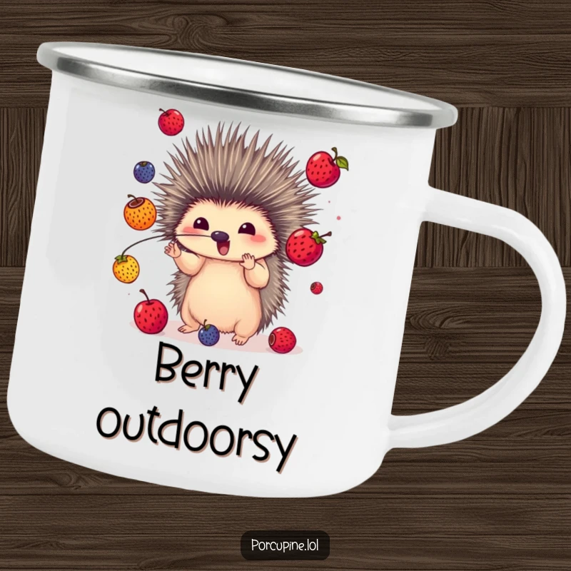 Funny camping mug featuring a porcupine juggling colorful berries with its quills, perfect for outdoor lovers with a flair for fun.