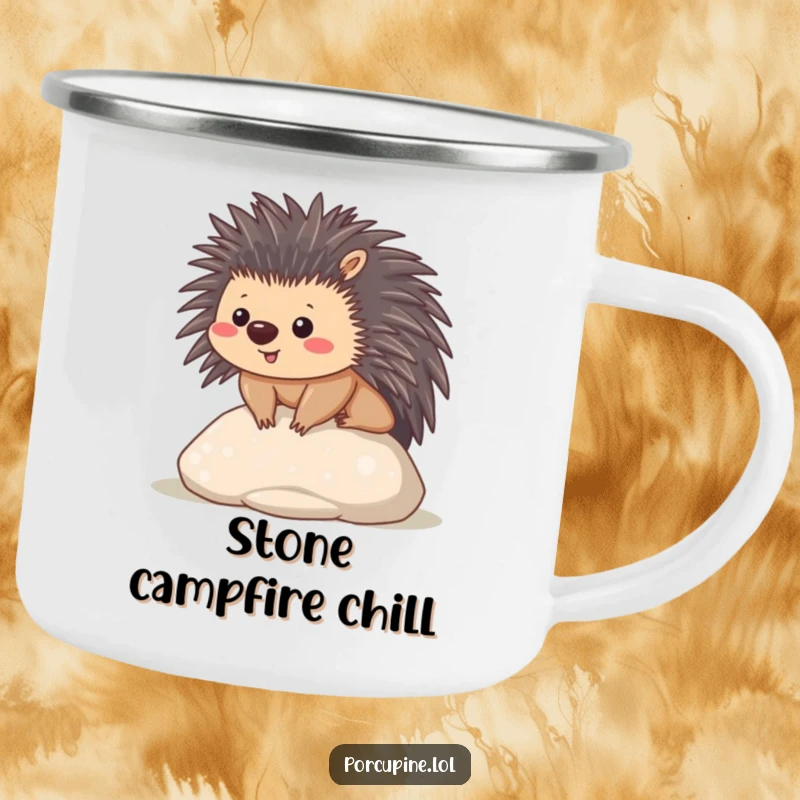 Funny camping mug displaying a content kawaii porcupine sitting on a smooth stone, adding peacefulness to outdoor activities.