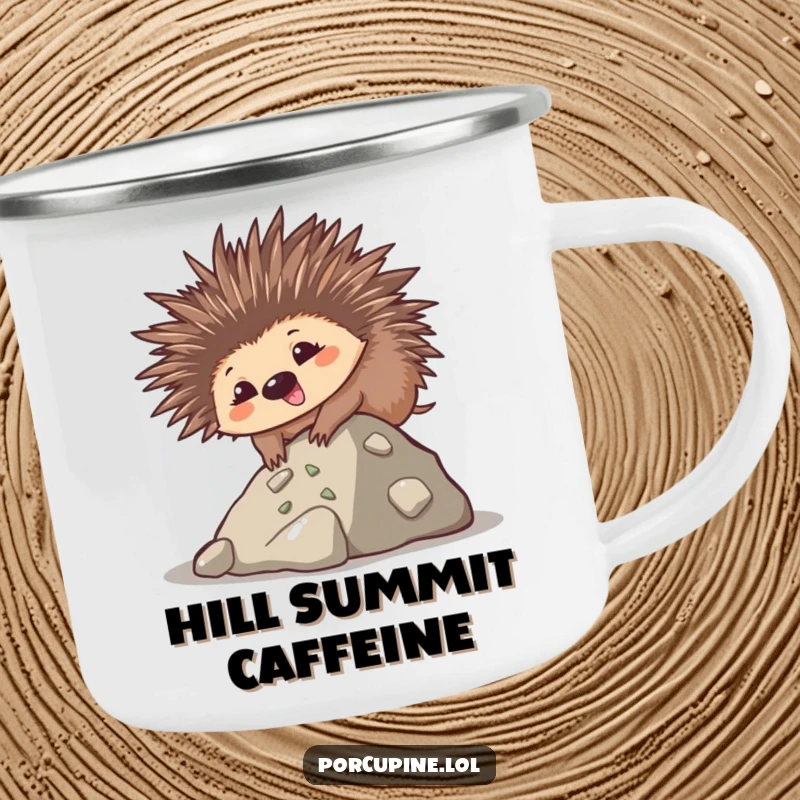 Funny camping mug displaying a goofy kawaii porcupine with a smile, trying to climb a small hill, adding humor to outdoor efforts.