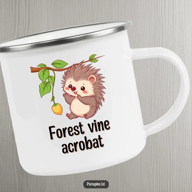 Funny camping mug with a kawaii porcupine playfully batting at a vine, bringing humor to outdoor adventures.