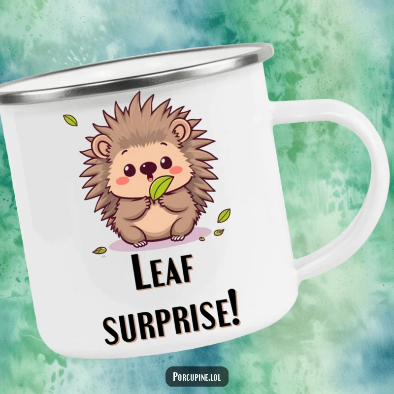 Funny camping mug displaying a kawaii porcupine with a surprised expression as a leaf falls, adding humor to outdoor activities.