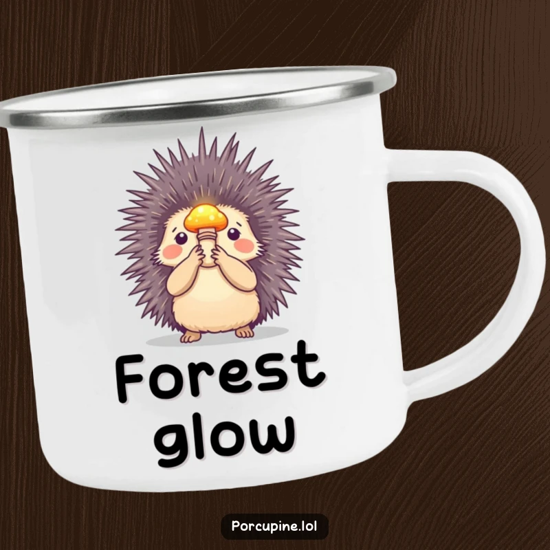 Funny camping mug showing a porcupine holding a small, glowing mushroom aloft, perfect for outdoor lovers with a sense of wonder.