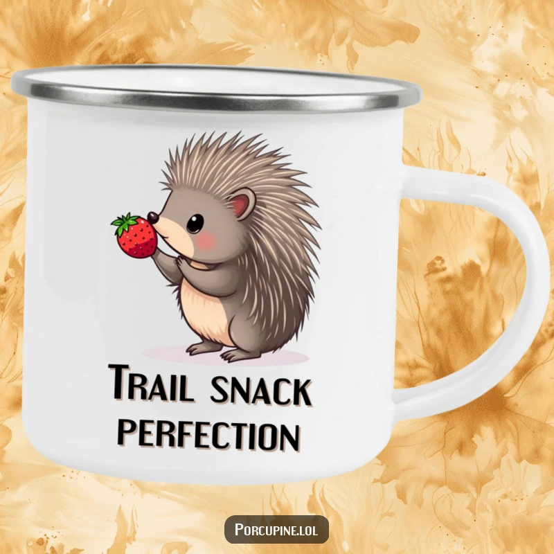 Funny camping mug featuring a porcupine balancing a berry on its quill, bringing a smile to outdoor adventures.