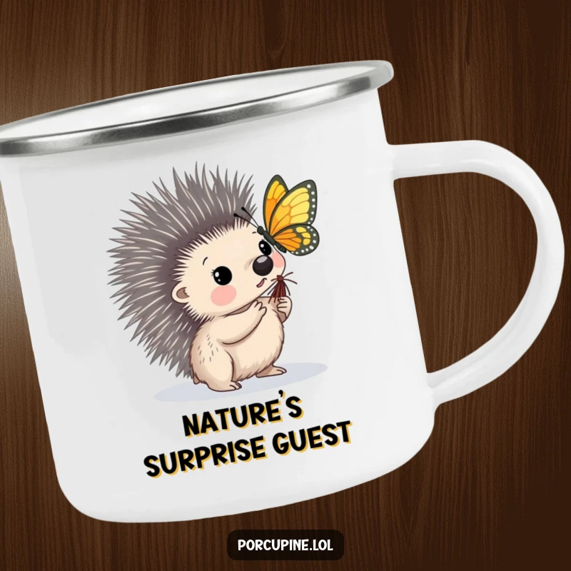 Funny camping mug featuring a porcupine looking intrigued as a butterfly lands on its quill, ideal for nature lovers.