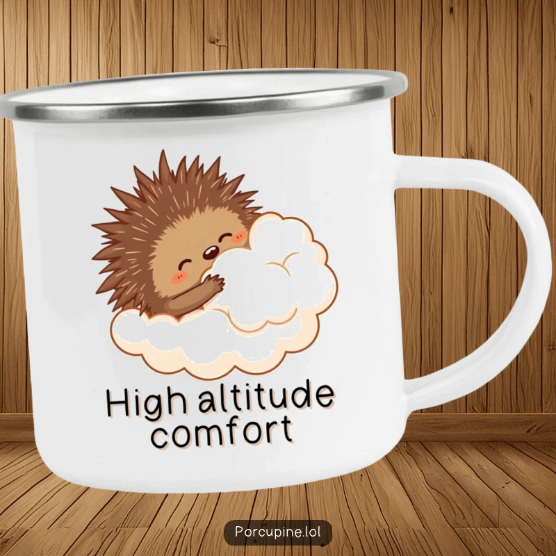 Funny camping mug illustration of a porcupine trying to hug a fluffy cloud, perfect for adventurers with big dreams.