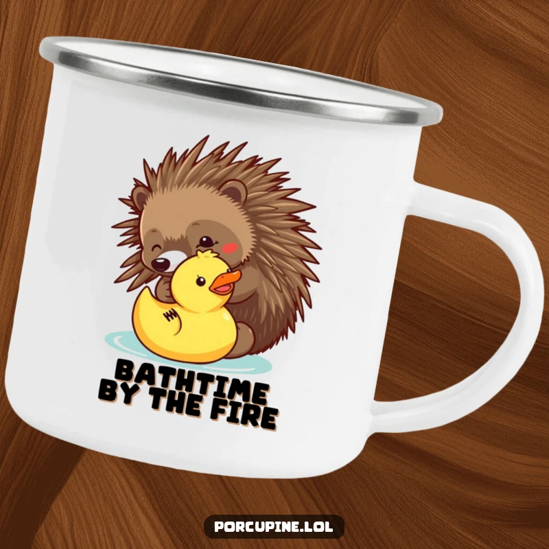 Funny camping mug with a porcupine playfully poking a rubber ducky, perfect for adding humor to outdoor adventures.
