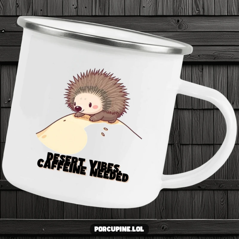Funny camping mug with a porcupine sliding down a sandy dune, perfect for outdoor enthusiasts who appreciate humor.