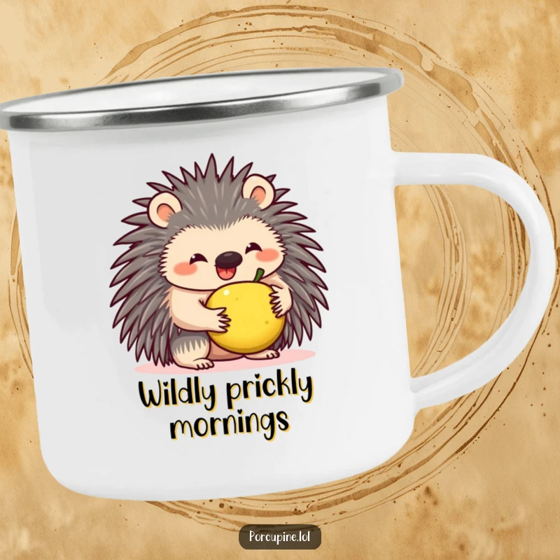 Funny camping mug with a smiling porcupine balancing a small fruit on its quills, ready for any outdoor adventure.
