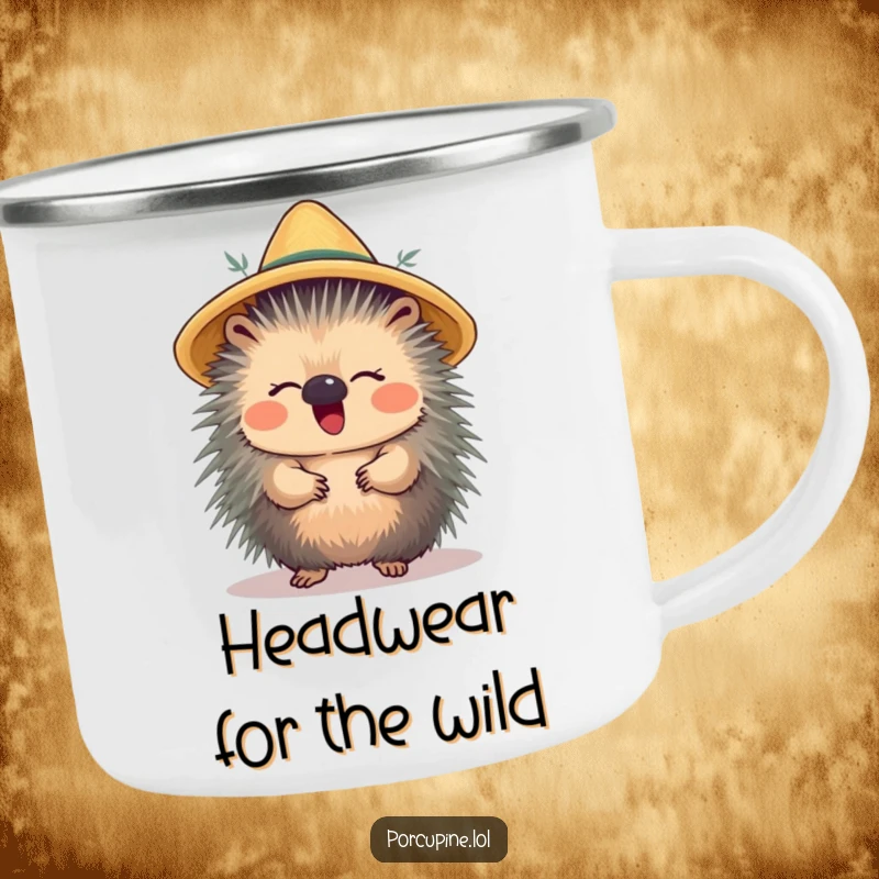 Funny camping mug featuring a porcupine wearing a straw hat and giggling, perfect for adding humor to outdoor adventures.