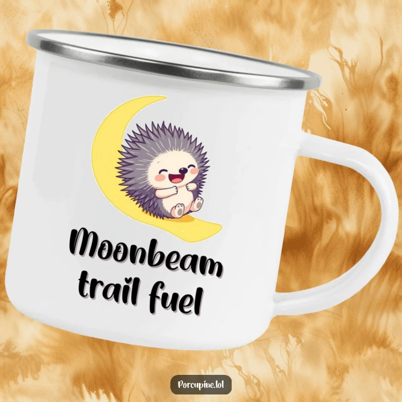 Funny camping mug with a porcupine gleefully sliding down a moonbeam, designed for outdoor enthusiasts who appreciate humor and magic.