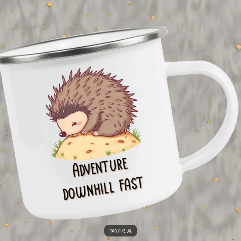 Funny camping mug showing a porcupine rolling down a hill, quills out, suitable for rugged adventures and good laughs.
