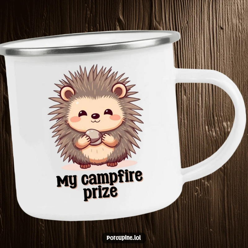 Funny camping mug featuring a shy porcupine with a sweet smile, offering a shiny pebble for outdoor enjoyment.