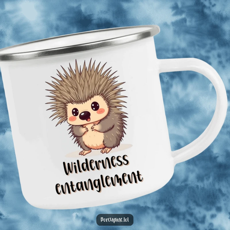 Funny camping mug featuring a porcupine comically tangled in its own quills, looking surprised, ready for outdoor mishaps.