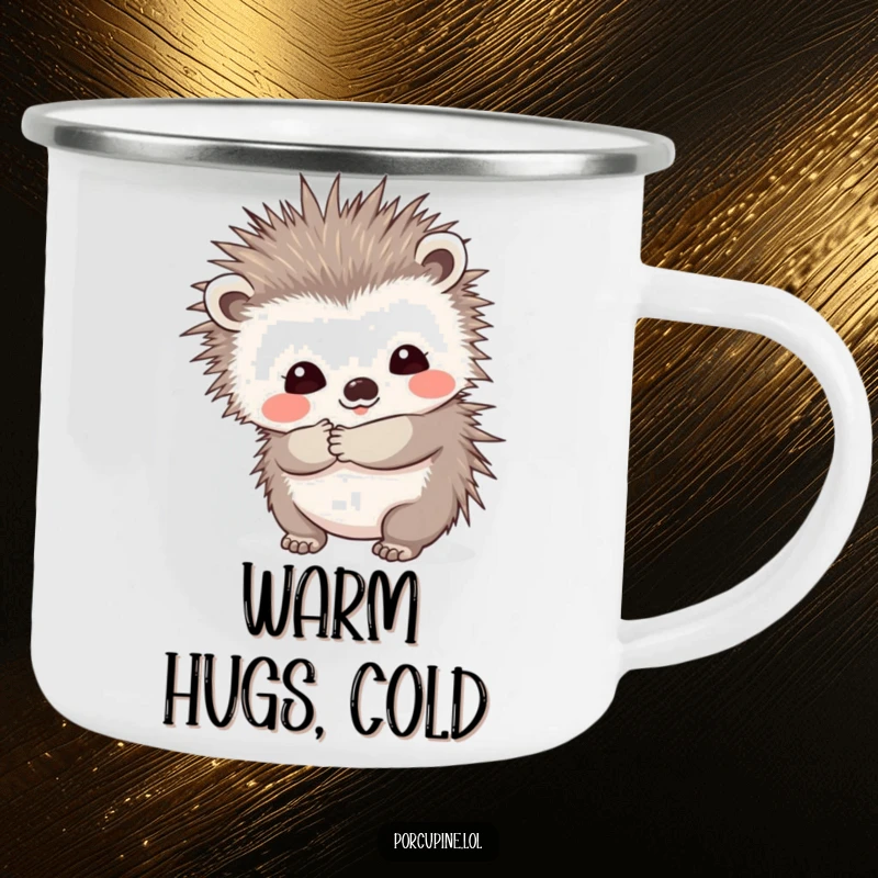 Funny camping mug with a porcupine offering a prickly hug and a shy smile, adding cheerful humor and a sense of warm affection to outdoor trips.