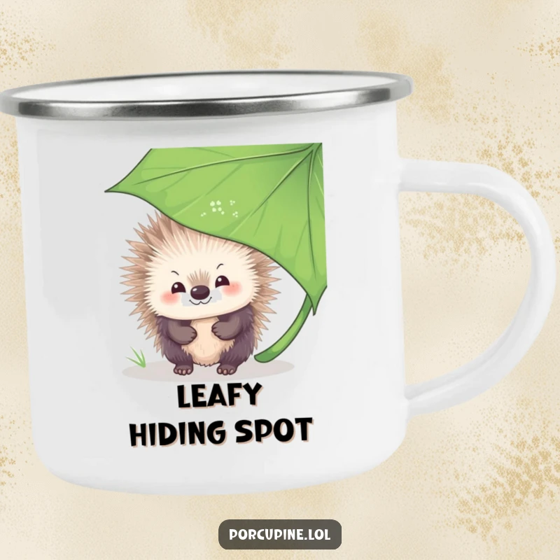 Funny Camping Mug with a porcupine shyly peeking from behind a leaf, ready for outdoor moments and cozy sips around the fire.