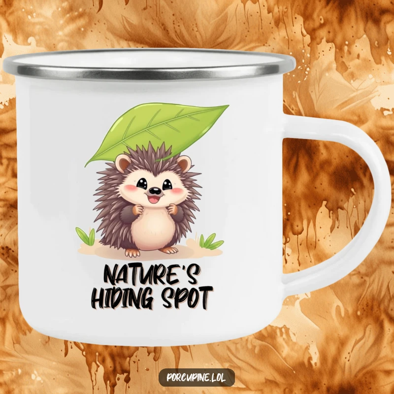 Funny camping mug with a porcupine peeking from behind a leaf with a grin, adding cheerful humor and a sense of playful surprise to outdoor trips.