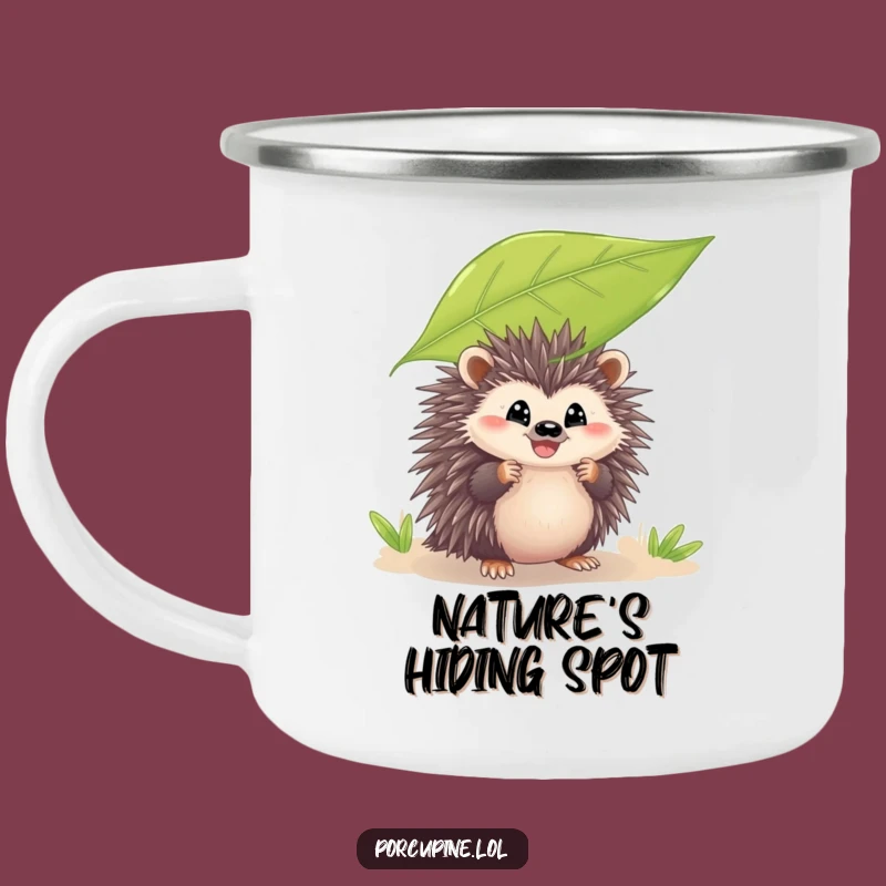 Funny Peeking Porcupine Camping Mug: Adventure with a Leafy Grin and Humor