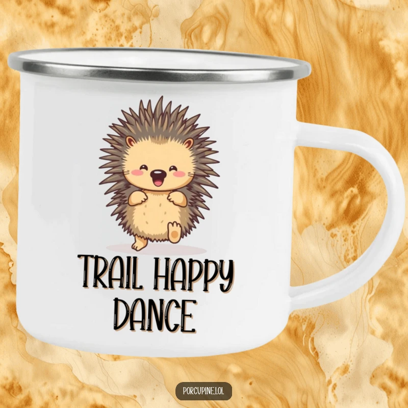 Funny porcupine shuffle camping mug featuring a porcupine joyfully dancing its feet, ready for outdoor brews and happy vibes.