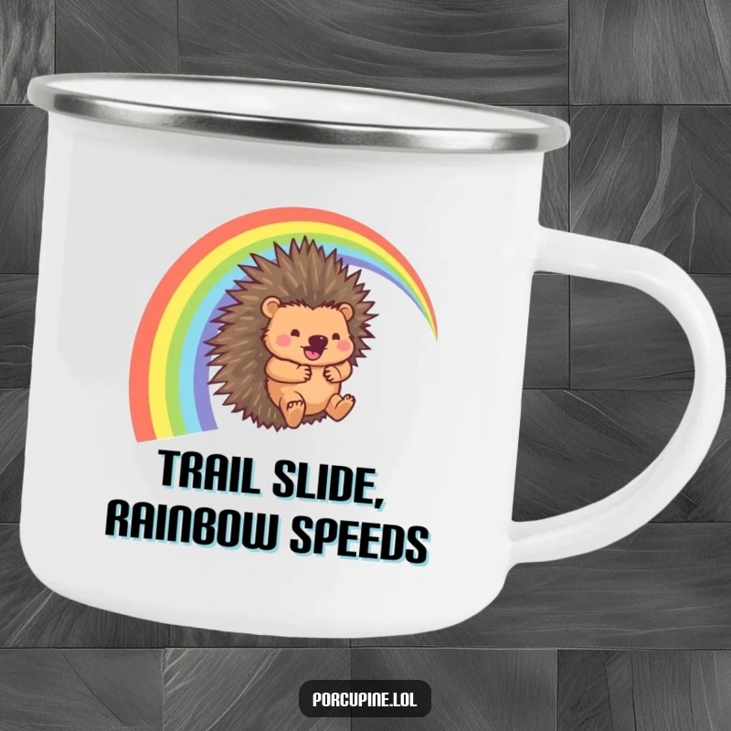 Funny Porcupine Camping Mug: Durable outdoor mug featuring a porcupine sliding down a rainbow arc with a whooshing sound, ideal for outdoor adventures.