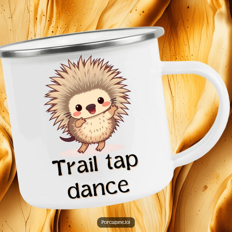 Funny camping mug showcasing a porcupine dancing with its feet tapping happily, perfect for outdoor enthusiasts who love humor.
