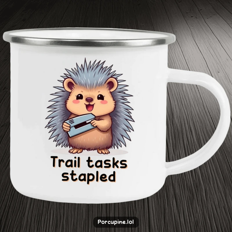 Funny camping mug featuring a porcupine triumphantly holding a miniature stapler, ideal for outdoor achievers.
