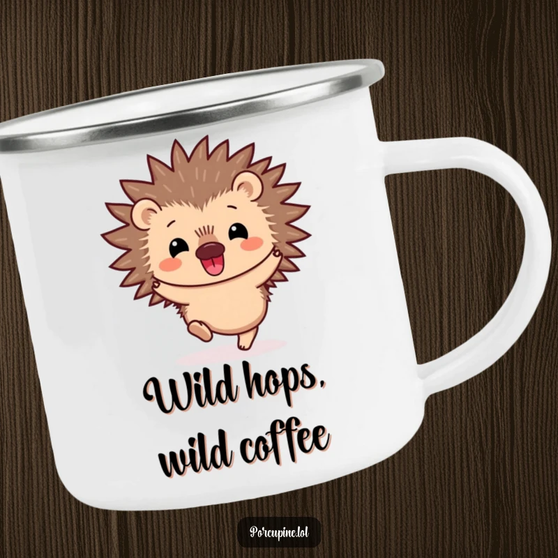 Funny Kawaii Porcupine Camping Mug: A smiling porcupine joyfully hopping, designed for outdoor brews with a dose of prickly cuteness and happy vibes.
