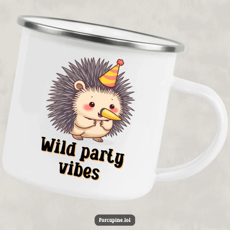 Funny porcupine camping mug with a porcupine in a party hat blowing a horn, perfect for festive outdoor trips.