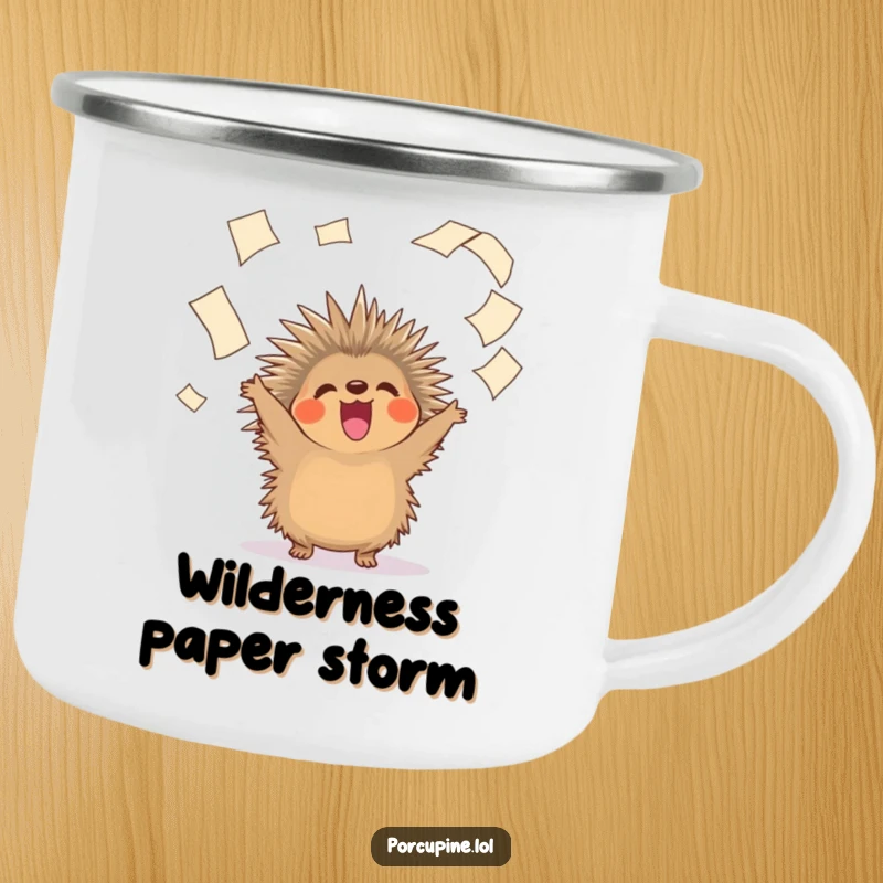 Funny camping mug with a cheerful porcupine joyfully dispersing papers, perfect for rugged adventures and lighthearted moments.