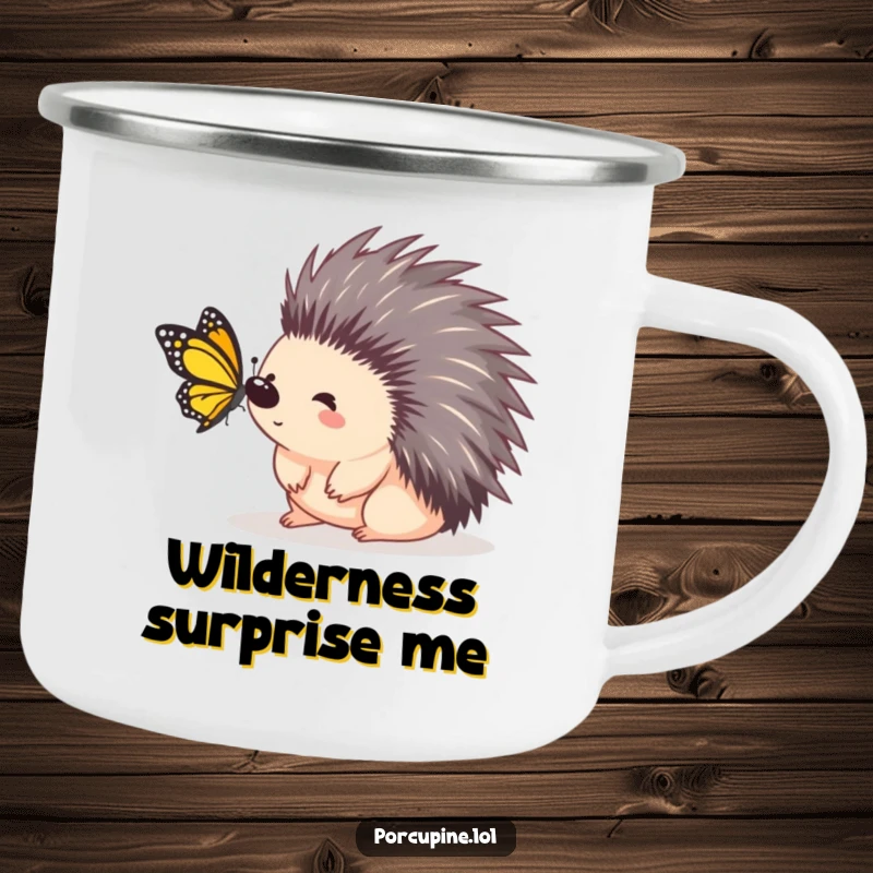Funny porcupine camping mug showing a surprised porcupine with a butterfly landing on it, perfect for fun outdoor trips.