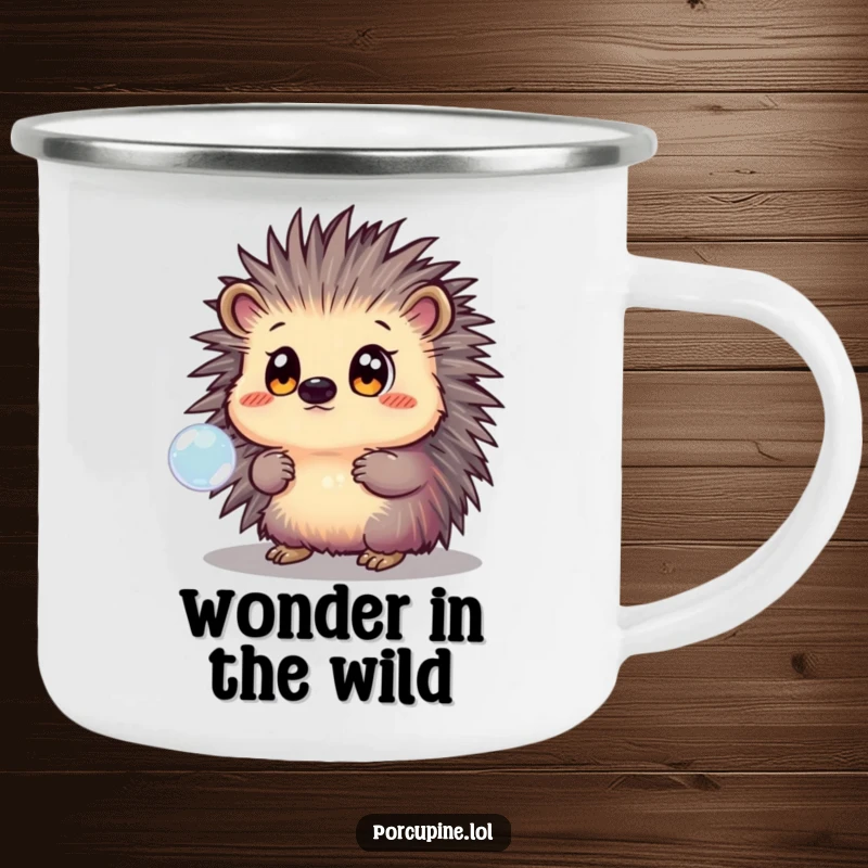 Funny Camping Mug with a porcupine gazing in awe at a shimmering bubble, ready for outdoor explorations and cozy campfires.
