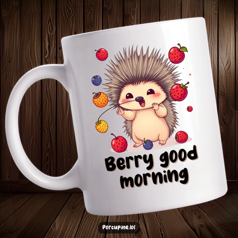 Funny mug depicting a skillful porcupine juggling vibrant berries using its quills, showcasing impressive dexterity and fun.