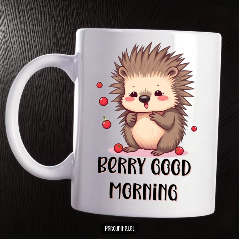 Funny Kawaii Porcupine Mug: Cute cartoon porcupine happily juggling small, colorful berries, showcasing its playful nature.