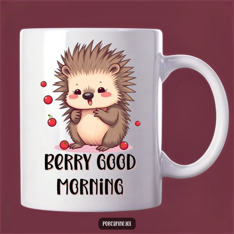 Funny Kawaii Porcupine Mug: Playful Berry Juggling, Cute Animal Gift Cup