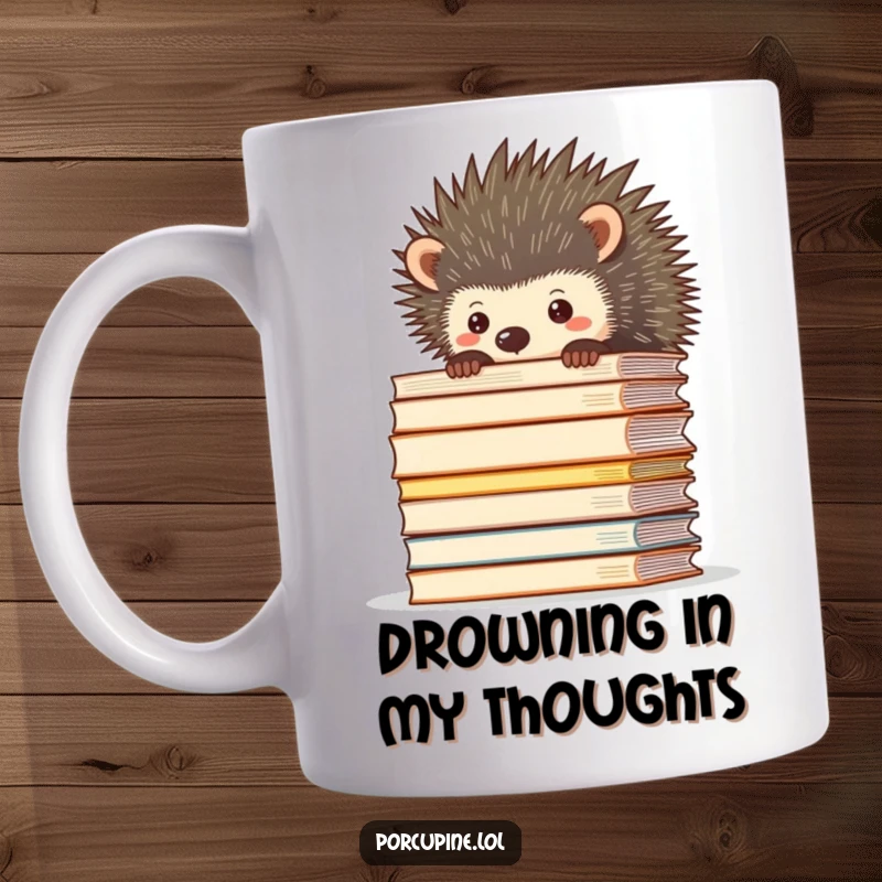 Funny mug showing a porcupine peeking nervously over an immense stack of files, representing office overwhelm.