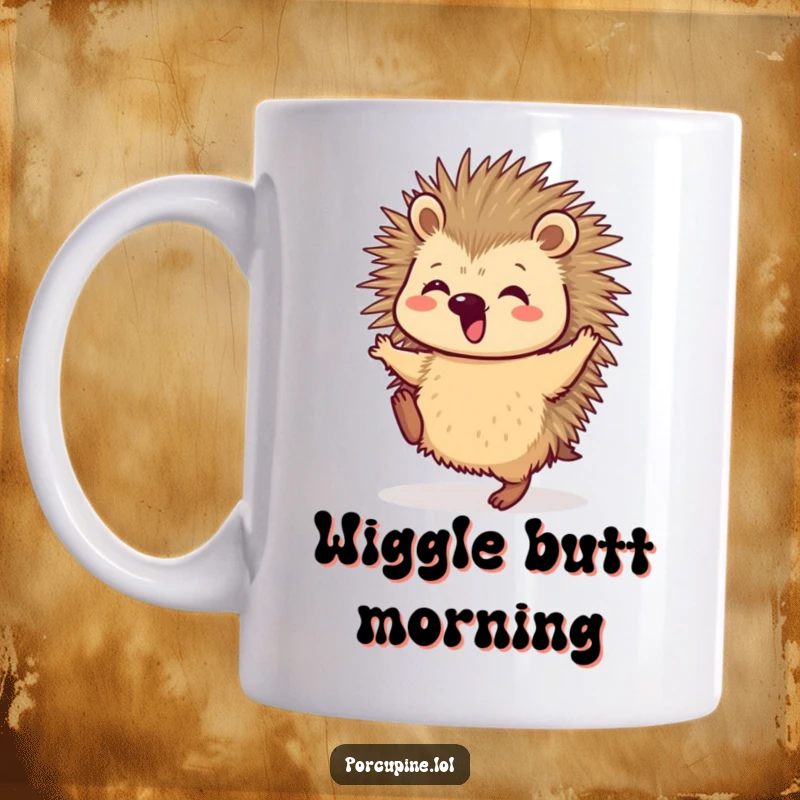 Funny Mug capturing a joyful porcupine doing a lively dance, its hind legs kicking up in pure, uninhibited happiness.