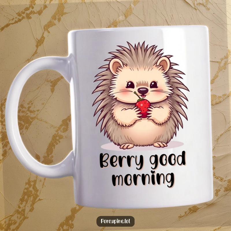 Funny Mug featuring a porcupine carefully holding a single, ripe berry with its paws, offering it with a gentle expression.
