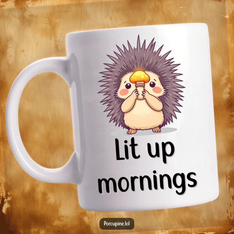 Funny mug depicting a porcupine holding a small, luminous mushroom aloft, conveying a sense of magic, discovery, and gentle wonder.