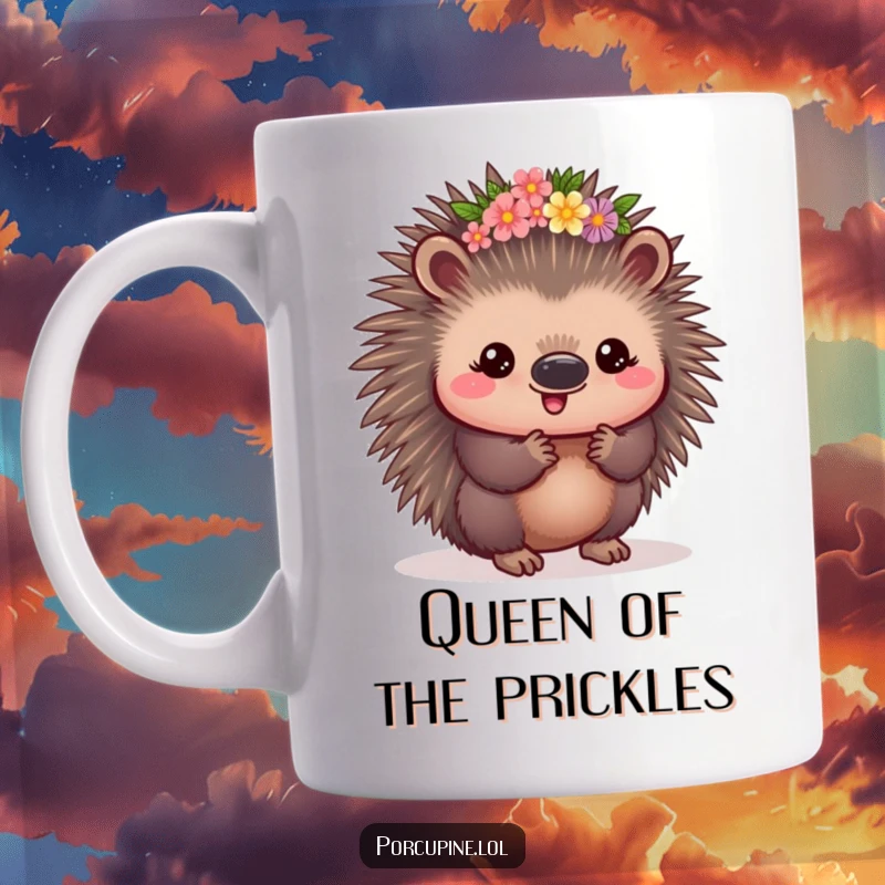 Funny Kawaii Porcupine Mug: A cute porcupine wearing a small flower crown, looking content and pleased with its adorable, prickly charm.