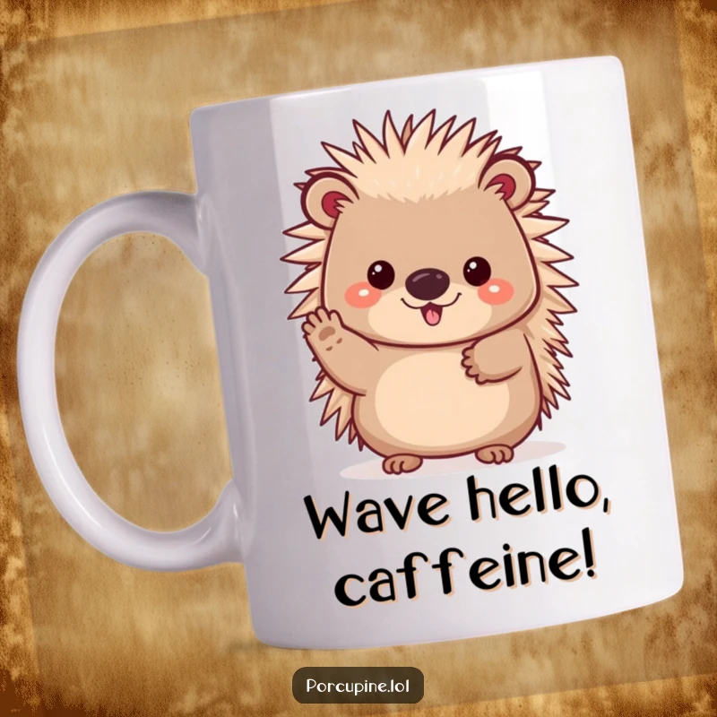 Funny mug featuring a cheerful kawaii porcupine waving its paw, offering a friendly and humorous greeting.
