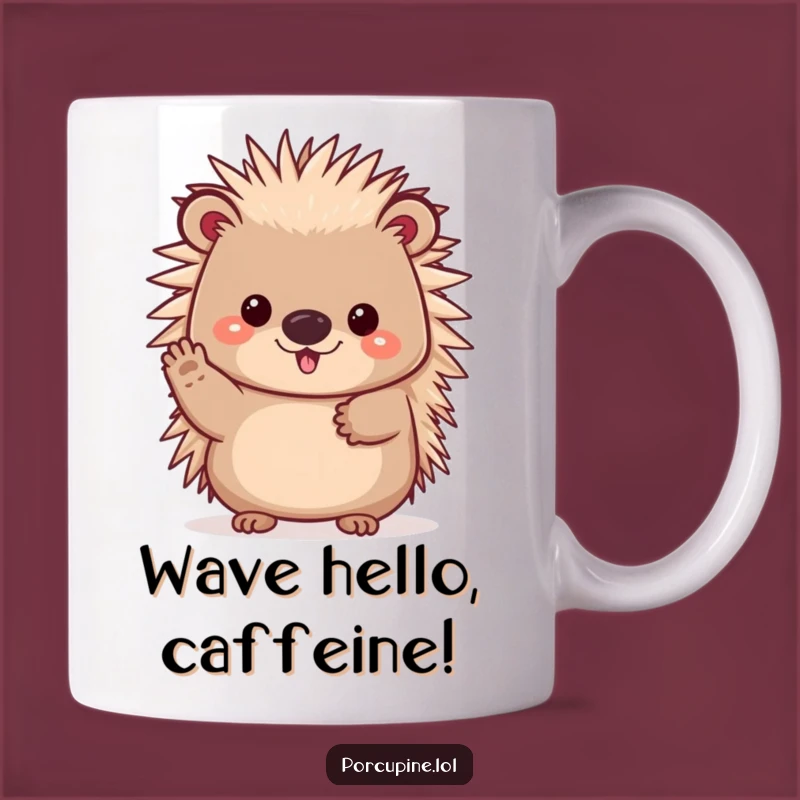 Funny Kawaii Porcupine Mug: Cheerful Prickles Waving Gift