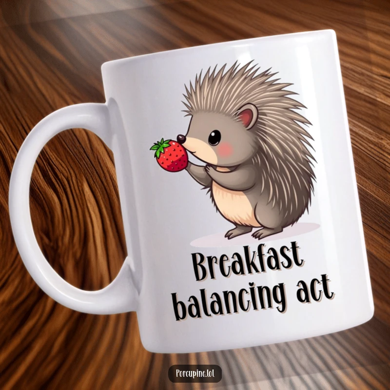 Funny mug featuring a porcupine with amazing focus, balancing a single berry perfectly on the tip of an extended quill.
