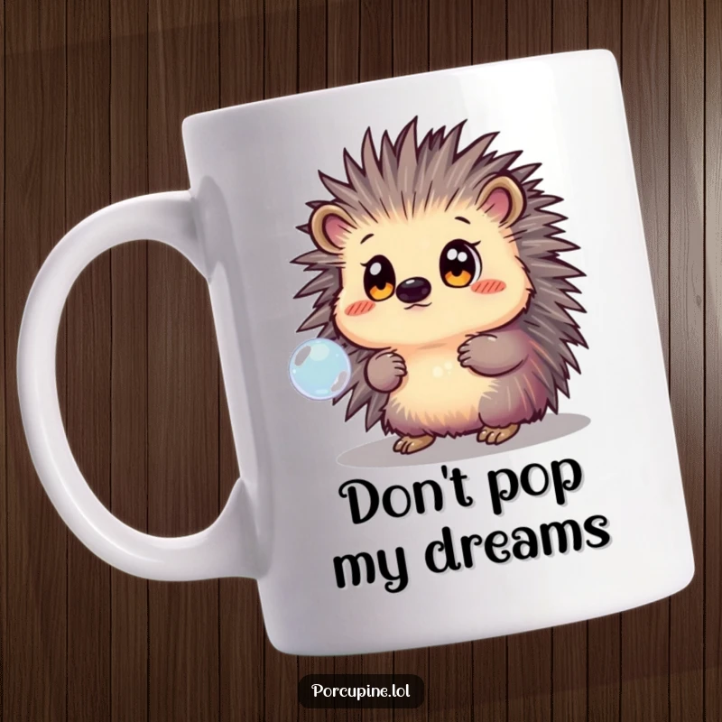 Funny Mug featuring an amazed porcupine with huge eyes staring intently at a delicate, iridescent bubble floating nearby.