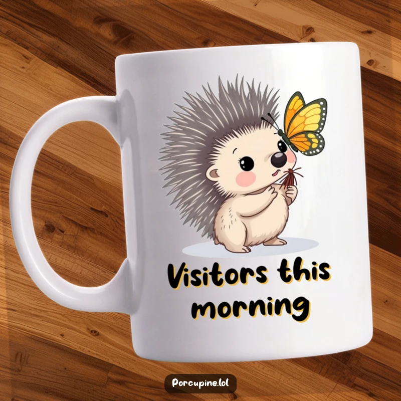 Funny mug showing a porcupine looking with gentle intrigue as a colorful butterfly delicately lands on the tip of its quill.