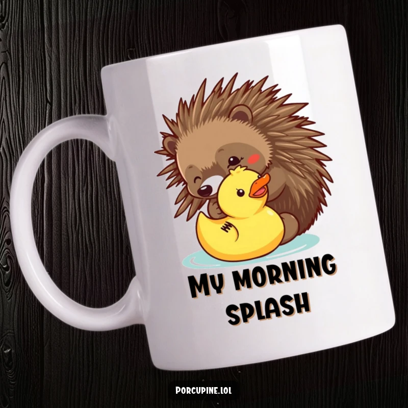 Funny mug featuring a porcupine playfully poking a rubber ducky with its quill, capturing a moment of innocent mischief.