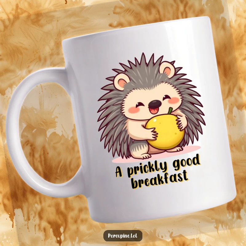 Funny mug featuring a smiling porcupine expertly balancing a tiny fruit on its quills, looking endearingly clumsy and happy.