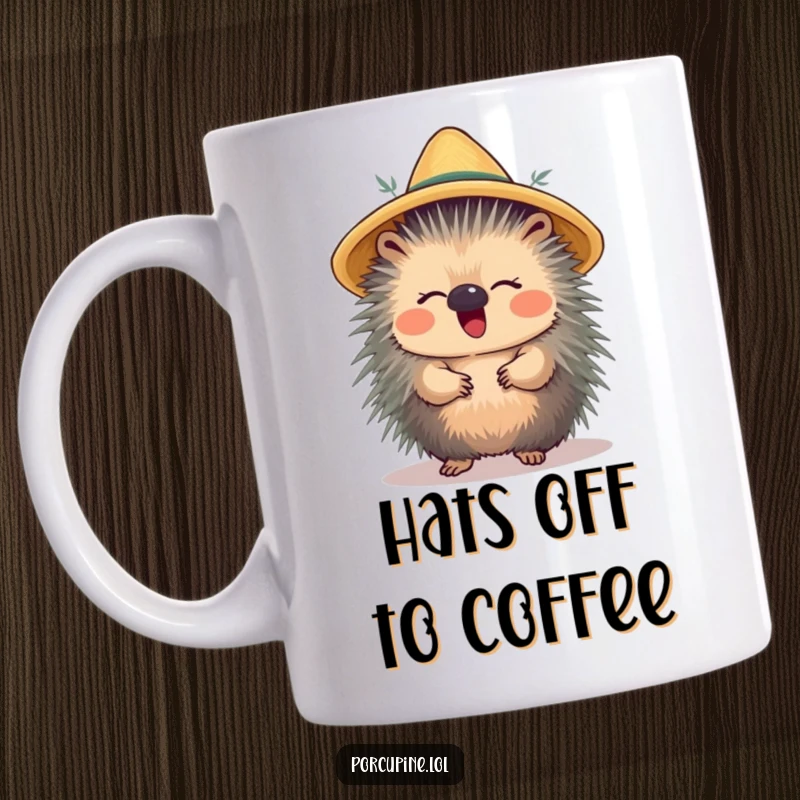 Funny mug featuring a porcupine with a straw hat on its head, giggling with pure delight and whimsical charm.