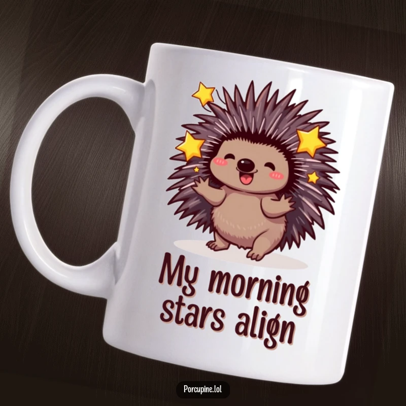 Funny Porcupine Mug: Playful porcupine with quills out, juggling three sparkling stars with a joyful expression.