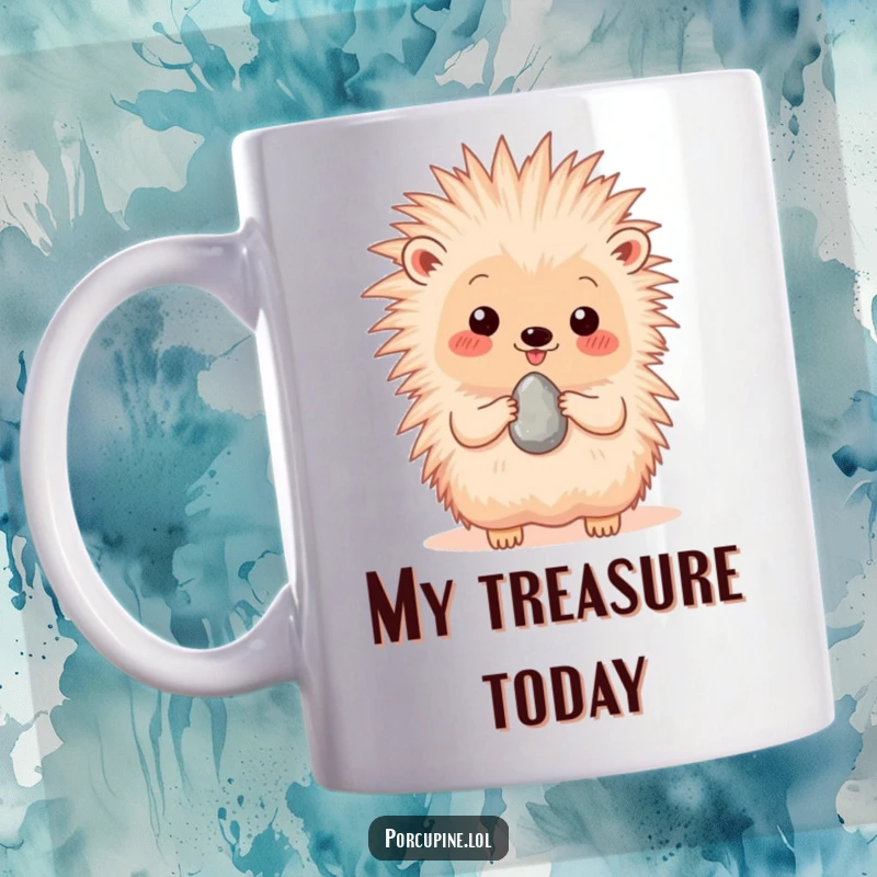 Funny mug featuring a happy porcupine proudly presenting a single, shiny pebble with a joyful expression.